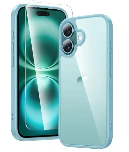 FNTCASE iPhone 16 uchun telefon g'ilofi: Harbiy darajadagi tushishdan himoya, sarg'ayishga qarshi nozik g'ilof - Zarba o'tkazmaydigan shaffof telefon qopqog'i (D-Teal) 