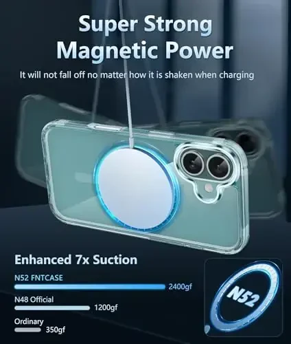 FNTCASE iPhone 16 uchun telefon g'ilofi: Magnitli harbiy standartdagi tushishdan himoya, sarg'ayishga qarshi ingichka g'ilof - zarbaga chidamli shaffof telefon qopqog'i (D-Shaffof magnitli) - 4