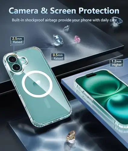 FNTCASE iPhone 16 uchun telefon g'ilofi: Magnitli harbiy standartdagi tushishdan himoya, sarg'ayishga qarshi ingichka g'ilof - zarbaga chidamli shaffof telefon qopqog'i (D-Shaffof magnitli) - 6