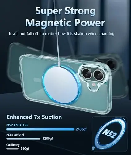 FNTCASE iPhone 16 uchun telefon g'ilofi: Magnitli harbiy standartdagi tushishdan himoya, sarg'ayishga qarshi ingichka g'ilof - zarbaga chidamli shaffof telefon qopqog'i (D-Shaffof magnitli) - 4