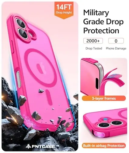 FNTCASE iPhone 16 uchun telefon g‘ilofi: Magnitli yarim shaffof mat zarbga chidamli ingichka mobil telefon qopqog‘i - Harbiy darajadagi tushishga chidamli qattiq orqa barmoq izlariga qarshi himoya g‘ilofi - 5