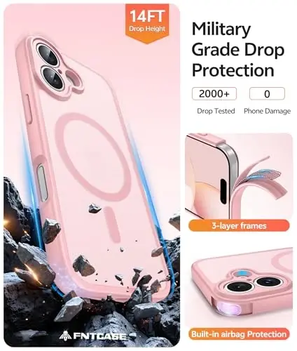 FNTCASE iPhone 16 uchun telefon g'ilofi: Magnitli yarim shaffof mat zarbga chidamli ingichka mobil telefon qopqog'i - Harbiy standartga javob beradigan tushishga chidamli qattiq orqa barmoq izlariga qarshi himoya g'ilofi - 5