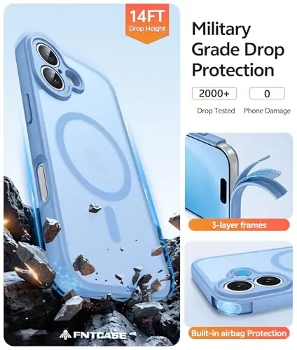 FNTCASE iPhone 16 uchun telefon g'ilofi: Magnitli yarim shaffof mat zarbga chidamli ingichka mobil telefon qopqog'i - Harbiy standartga mos tushishga chidamli qattiq orqa barmoq izlariga qarshi himoya qutisi - 5