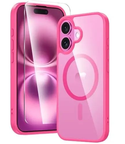 FNTCASE iPhone 16 uchun telefon g‘ilofi: Shaffof magnit harbiy darajadagi tushishdan himoya, sarg‘ayishga qarshi ingichka g‘ilof - Zarba o‘tkazmaydigan himoya shaffof mobil telefon qopqog‘i (D-Hot Pink Magnetic) 