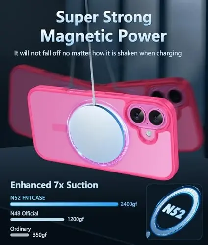 FNTCASE iPhone 16 uchun telefon g‘ilofi: Shaffof magnit harbiy darajadagi tushishdan himoya, sarg‘ayishga qarshi ingichka g‘ilof - Zarba o‘tkazmaydigan himoya shaffof mobil telefon qopqog‘i (D-Hot Pink Magnetic) - 3