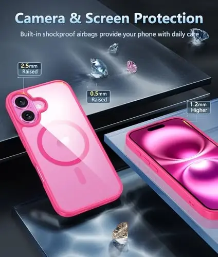 FNTCASE iPhone 16 uchun telefon g‘ilofi: Shaffof magnit harbiy darajadagi tushishdan himoya, sarg‘ayishga qarshi ingichka g‘ilof - Zarba o‘tkazmaydigan himoya shaffof mobil telefon qopqog‘i (D-Hot Pink Magnetic) - 4