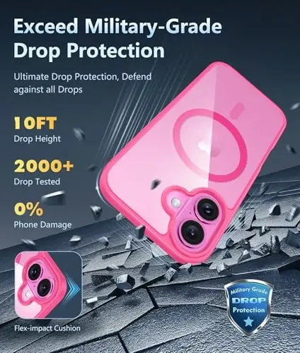 FNTCASE iPhone 16 uchun telefon g‘ilofi: Shaffof magnit harbiy darajadagi tushishdan himoya, sarg‘ayishga qarshi ingichka g‘ilof - Zarba o‘tkazmaydigan himoya shaffof mobil telefon qopqog‘i (D-Hot Pink Magnetic) - 5