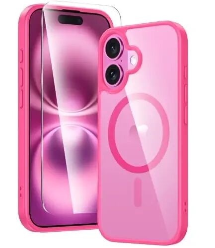 FNTCASE iPhone 16 uchun telefon g‘ilofi: Shaffof magnit harbiy darajadagi tushishdan himoya, sarg‘ayishga qarshi ingichka g‘ilof - Zarba o‘tkazmaydigan himoya shaffof mobil telefon qopqog‘i (D-Hot Pink Magnetic) - FNTCASE
