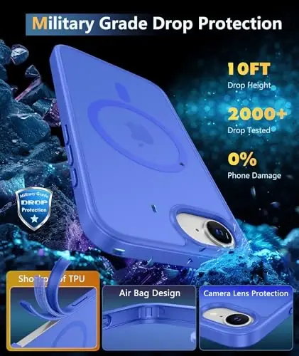 FNTCASE iPhone 16e uchun g'ilof: [Magsafe bilan mos] Shaffof matli g'iloflar [Ekran himoyachisi bilan] Harbiy standartga mos zarbaga chidamli himoya telefon qopqog'i - Ultramarin - 6