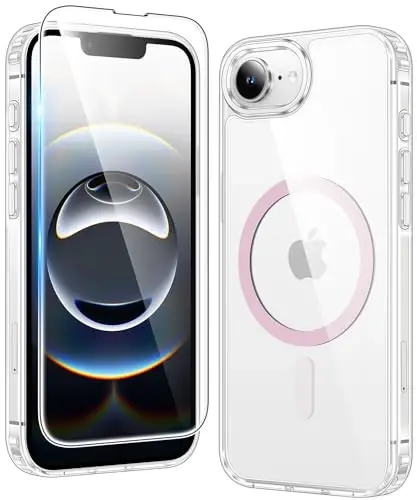 FNTCASE iPhone 16e uchun G'ilof Shaffof: Magnit telefon g'iloflari Magsafe Slim bilan mos keladi, sariqlikka qarshi harbiy standartga mos tushishdan himoya, zarbga chidamli shaffof mobil g'ilof (D-Pushti) 