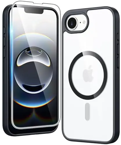 FNTCASE iPhone 16E uchun telefon g‘ilofi: Magnitli mustahkam himoya | Harbiy darajadagi ingichka, sarg‘ayishga qarshi telefon g‘iloflari | Zarba o‘tkazmaydigan, tirnalishga chidamli shaffof telefon qopqog‘i (B-qora) 