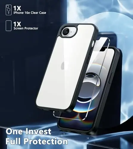FNTCASE iPhone 16e uchun telefon g‘ilofi: Sarǵayishga qarshi zarbga chidamli g‘ilof | Harbiy darajadagi himoya, tirnalishga chidamli g‘iloflar | Mustahkam ingichka shaffof mobil telefon qopqog‘i (D-Black) - 3