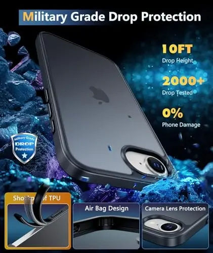 FNTCASE iPhone 16e uchun telefon qutisi: iPhone 16E 2025 Mat harbiy darajadagi tushishdan himoya qiluvchi telefon qopqog'i | Yupqa sirpanishga qarshi bardoshli zarbga chidamli qutilar - 6