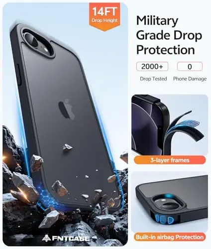 FNTCASE iPhone 16e uchun telefon qutisi: iPhone 16E 2025 Mat harbiy darajadagi tushishdan himoya qiluvchi telefon qopqog'i | Yupqa sirpanishga qarshi bardoshli zarbga chidamli qutilar - 4