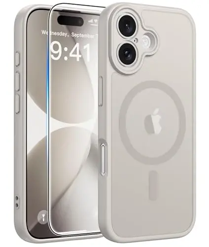 FNTCASE for iPhone 17 Case, Compatible with Magsafe, Glass Screen Protector | Full Camera Protection, Translucent Matte, 14FT Military Grade Drop Proof, Shockproof Protective Phone Cover, Off White - 1