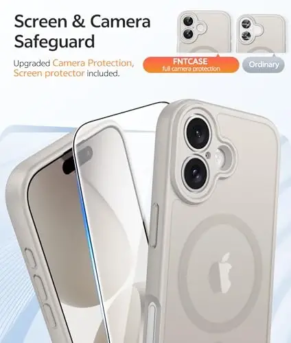 FNTCASE for iPhone 17 Case, Compatible with Magsafe, Glass Screen Protector | Full Camera Protection, Translucent Matte, 14FT Military Grade Drop Proof, Shockproof Protective Phone Cover, Off White - 4