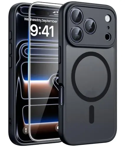 FNTCASE iPhone 17 Pro G‘ilofi: [Magsafe bilan mos keladi] To‘liq kamera himoyasi va ekran himoyasi bilan shaffof mat qutilar [Harbiy darajadagi zarbaga chidamli himoya telefon qopqog‘i] - Qora doira 