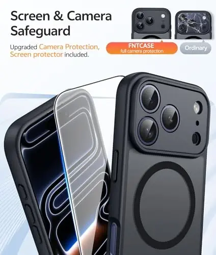 FNTCASE iPhone 17 Pro G‘ilofi: [Magsafe bilan mos keladi] To‘liq kamera himoyasi va ekran himoyasi bilan shaffof mat qutilar [Harbiy darajadagi zarbaga chidamli himoya telefon qopqog‘i] - Qora doira - 4