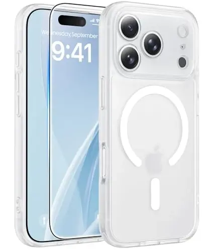 FNTCASE for iPhone 17 Pro Max Case, Fit for Magsafe, Screen Protector White | Full Camera Protection, Translucent Matte, 14FT Military Grade Drop Proof, Shockproof Protective Phone Cover, White 