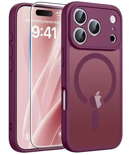 FNTCASE for iPhone 17 Pro Max Case, Fit for Magsafe, Screen Protector | Full Camera Protection, Translucent Matte, 14FT Military Grade Drop Proof, Shockproof Protective Phone Cover, Wine Red 