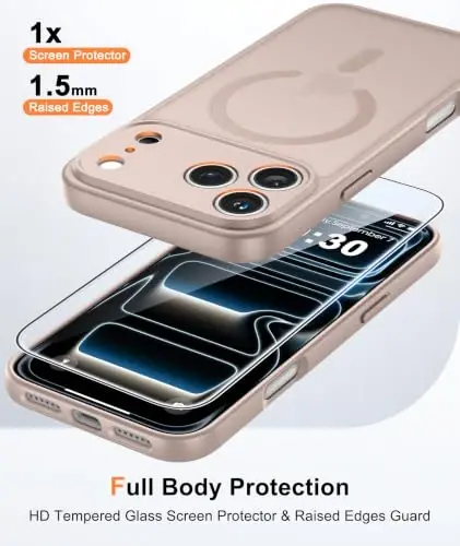 FNTCASE for iPhone 17 Pro-Max Case: Translucent Desert Gold Slim Matte Cover Compatible with MagSafe, Full Camera Protection & Tempered Glass Protector, 14FT Military Grade Drop Tested 