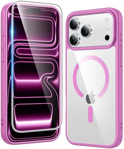 FNTCASE iPhone 17 Pro-Max uchun g'ilof: Ekran himoyachisi bilan Magsafe Slim Anti Yellowing Rugged Shockproof himoya shaffof telefon qopqog'i bilan mos keluvchi shaffof magnitli telefon g'iloflari (B-pushti) 