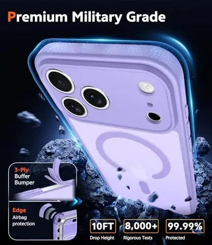 FNTCASE iPhone 17 Pro-Max uchun g'ilof: Magnit mat teksturali harbiy darajadagi tushishdan himoya qiluvchi yarim shaffof mobil telefon qopqog'i - Ingichka, mustahkam, chidamli zarbga chidamli himoya bamperli telefon g'ilofi (C-Binafsha) - 6