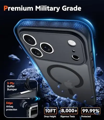 FNTCASE iPhone 17 Pro-Max uchun g'ilof: Magnitli mat teksturali harbiy darajadagi tushishdan himoya qiluvchi yarim shaffof mobil telefon qopqog'i - Ingichka, mustahkam, bardoshli zarbga chidamli himoya bamperli telefon g'ilofi (C-qora) - 5