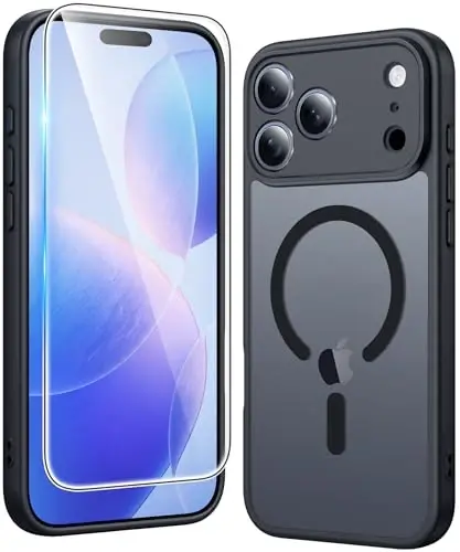 FNTCASE iPhone 17 Pro-Max uchun g'ilof: Magnitli mat teksturali harbiy darajadagi tushishdan himoya qiluvchi yarim shaffof mobil telefon qopqog'i - Ingichka, mustahkam, bardoshli zarbga chidamli himoya bamperli telefon g'ilofi (C-qora) - 6