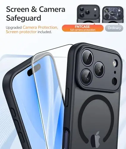 FNTCASE iPhone 17 Pro-Max uchun g'ilof: Magnitli muzli yarim shaffof mat harbiy darajadagi zarbga chidamli nozik qopqoq | To'liq kamera qoplamali himoya | Yiqilishga chidamli mustahkam himoya g'iloflari - 4
