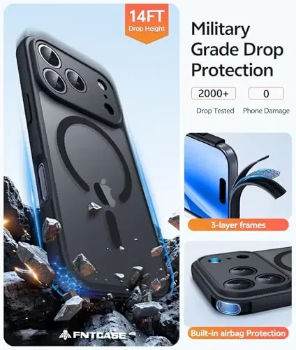 FNTCASE iPhone 17 Pro-Max uchun g'ilof: Magnitli muzli yarim shaffof mat harbiy darajadagi zarbga chidamli nozik qopqoq | To'liq kamera qoplamali himoya | Yiqilishga chidamli mustahkam himoya g'iloflari - 5