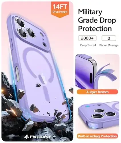 FNTCASE iPhone 17 Pro-Max uchun g'ilof: Magnitli muzli yarim shaffof mat harbiy standart zarbga chidamli ingichka qopqoq | To'liq qoplangan kamera himoyasi | Ingichka tushishga chidamli bardoshli himoya g'iloflari - 5