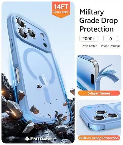 FNTCASE iPhone 17 Pro-Max uchun g‘ilof: Magnitli muzli yarim shaffof mat harbiy standartga javob beruvchi zarbga chidamli ingichka qopqoq | Kamera uchun to‘liq himoya | Yiqilishga chidamli mustahkam himoya g‘iloflar - 5