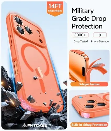 FNTCASE iPhone 17 Pro-Max uchun g'ilof: Magnitli muzli yarim shaffof matli harbiy standart zarbga chidamli ingichka qopqoq | To'liq qoplangan kamera himoyasi | Yupqa tushishga chidamli bardoshli himoya g'iloflar - 5