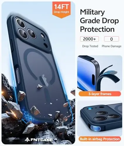 FNTCASE iPhone 17 Pro-Max uchun g'ilof: Magnitli muzli yarim shaffof matli harbiy standartga javob beruvchi zarbga chidamli ingichka qopqoq | To'liq qoplangan kamera himoyasi | Ingichka tushishga chidamli bardoshli himoya g'iloflari - 5