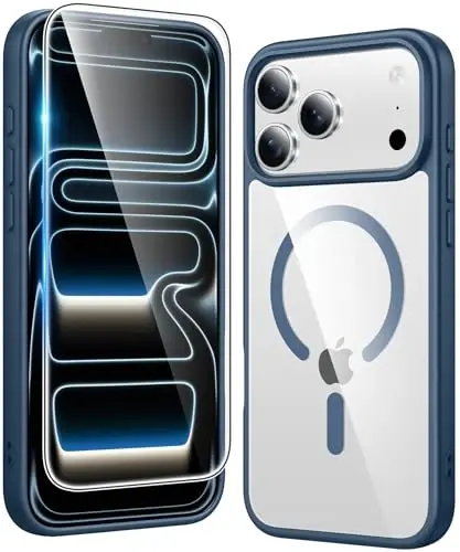 FNTCASE iPhone 17 Pro-Max uchun g'ilof: Magsafe bilan mos keladigan ekran himoyachisi bilan shaffof magnit telefon g'iloflari, ingichka, sarg'ayishga qarshi, zarbga chidamli himoya shaffof mobil telefon qopqog'i (B-ko'k) 