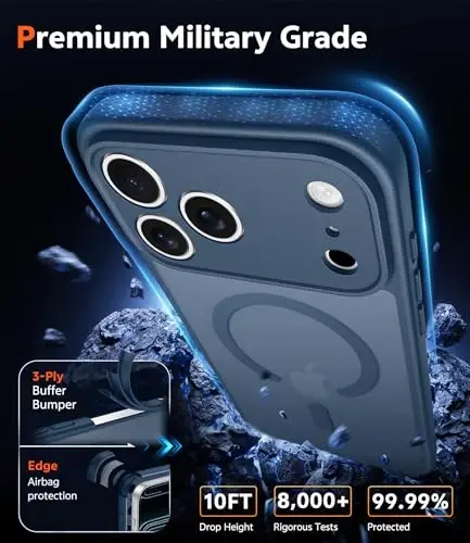 FNTCASE iPhone 17 Pro-Max uchun g‘ilof: Magsafe bilan mos keluvchi mat magnit telefon g‘iloflari, ekran himoyachisi bilan, ingichka, sarg‘aymaydigan, zarbga chidamli, shaffof telefon qopqog‘i (C-ko‘k) - 6