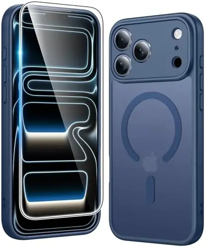 FNTCASE iPhone 17 Pro-Max uchun g‘ilof: Magsafe bilan mos keluvchi mat magnit telefon g‘iloflari, ekran himoyachisi bilan, ingichka, sarg‘aymaydigan, zarbga chidamli, shaffof telefon qopqog‘i (C-ko‘k) 