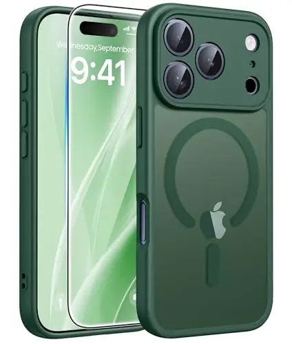 FNTCASE iPhone 17 Pro Max uchun g'ilof: [Magsafe bilan mos] Yarim shaffof matli g'iloflar [To'liq kamera himoyasi] [Ekran himoyachisi] Harbiy darajadagi zarbga chidamli himoya telefon qopqog'i - Yashil - 1