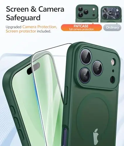FNTCASE iPhone 17 Pro Max uchun g'ilof: [Magsafe bilan mos] Yarim shaffof matli g'iloflar [To'liq kamera himoyasi] [Ekran himoyachisi] Harbiy darajadagi zarbga chidamli himoya telefon qopqog'i - Yashil - 4