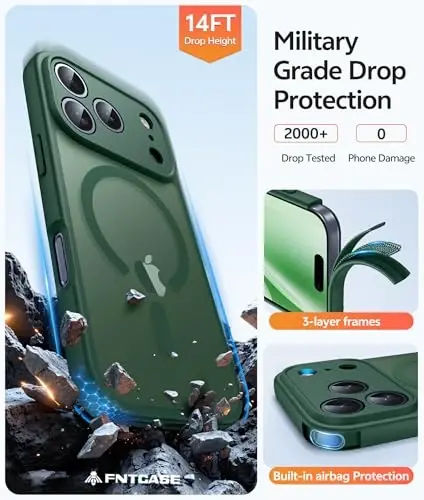 FNTCASE iPhone 17 Pro Max uchun g'ilof: [Magsafe bilan mos] Yarim shaffof matli g'iloflar [To'liq kamera himoyasi] [Ekran himoyachisi] Harbiy darajadagi zarbga chidamli himoya telefon qopqog'i - Yashil - 5