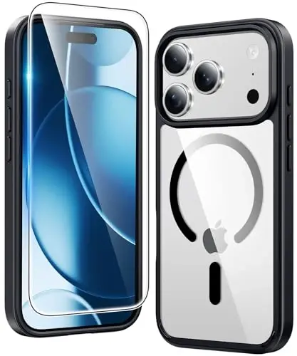 FNTCASE iPhone 17 Pro-Max uchun G'ilof Shaffof: Magnit Shaffof Telefon G'iloflari Ekran Himoyachisi bilan Yupqa Harbiy Darajadagi Tushishdan Himoya Qattiq Zarbadan Himoya Mobil Telefon Qopqog'i (B-Qora) 