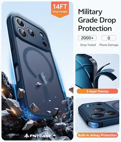 FNTCASE iPhone 17 Pro uchun g‘ilof: Magnitli muzlatilgan yarim shaffof mat harbiy darajadagi zarbaga chidamli ingichka qopqoq | To‘liq qoplangan kamera himoyasi | Ingichka tushishga chidamli bardoshli himoya g‘iloflari - 5