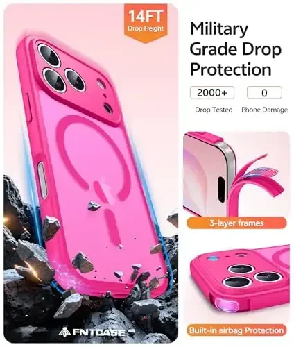 FNTCASE iPhone 17 Pro uchun g‘ilof: Magnitli muzlatilgan yarim shaffof mat harbiy standart zarbga chidamli ingichka qopqoq | To‘liq qoplangan kamera himoyasi | Ingichka tushishga chidamli bardoshli himoya g‘iloflari - 5