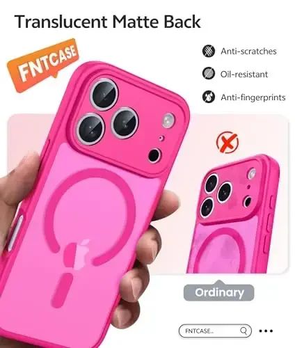 FNTCASE iPhone 17 Pro uchun g‘ilof: Magnitli muzlatilgan yarim shaffof mat harbiy standart zarbga chidamli ingichka qopqoq | To‘liq qoplangan kamera himoyasi | Ingichka tushishga chidamli bardoshli himoya g‘iloflari - 6