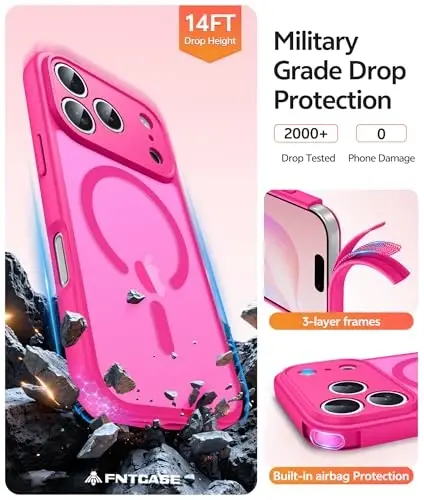 FNTCASE iPhone 17 Pro uchun g‘ilof: Magnitli muzlatilgan yarim shaffof mat harbiy standart zarbga chidamli ingichka qopqoq | To‘liq qoplangan kamera himoyasi | Ingichka tushishga chidamli bardoshli himoya g‘iloflari - 5