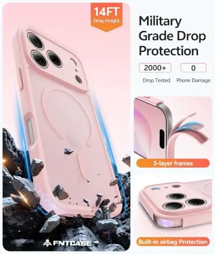 FNTCASE iPhone 17 Pro uchun g‘ilof: Magnitli muzli yarim shaffof mat harbiy darajadagi zarbaga chidamli ingichka qopqoq | To‘liq qoplangan kamera himoyasi | Ingichka tushishga chidamli bardoshli himoya g‘iloflari 
