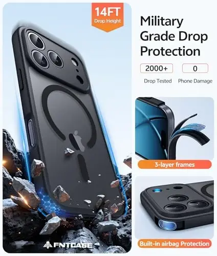 FNTCASE iPhone 17 Pro uchun g'ilof: Magnitli muzli yarim shaffof mat harbiy darajadagi zarbga chidamli ingichka qopqoq | To'liq qoplangan kamera himoyasi | Yiqilishga chidamli mustahkam himoya g'iloflar - 5