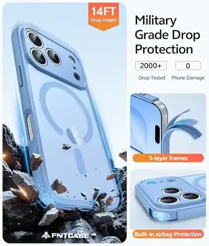 FNTCASE iPhone 17 Pro uchun g'ilof: Magnitli muzli yarim shaffof mat harbiy standart zarbaga chidamli nozik qopqoq | To'liq qoplangan kamera himoyasi | Yiqilishga chidamli mustahkam himoya g'iloflari - 5