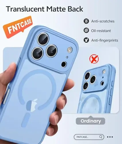 FNTCASE iPhone 17 Pro uchun g'ilof: Magnitli muzli yarim shaffof mat harbiy standart zarbaga chidamli nozik qopqoq | To'liq qoplangan kamera himoyasi | Yiqilishga chidamli mustahkam himoya g'iloflari - 6